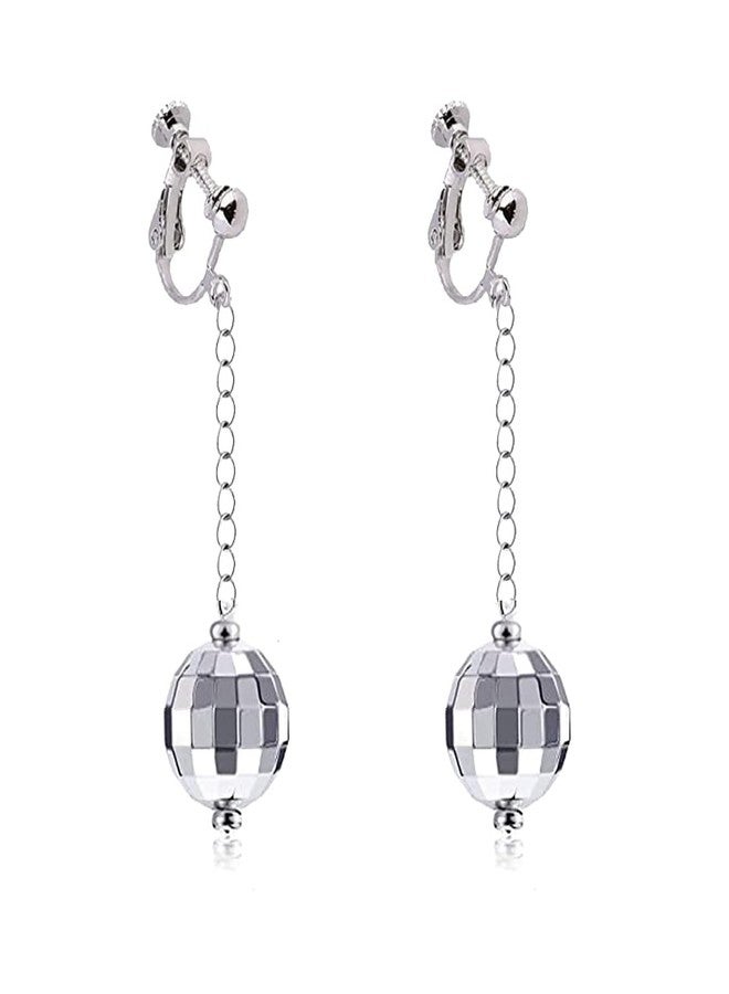 Modpide Silver Disco Ball Clip on Earrings 70's Halloween Earrings Women's Costume Accessories (long) - Image 1